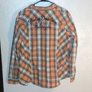 Orange and Black Plaid Embroidered Harley Davidson Biker Button Down Top…